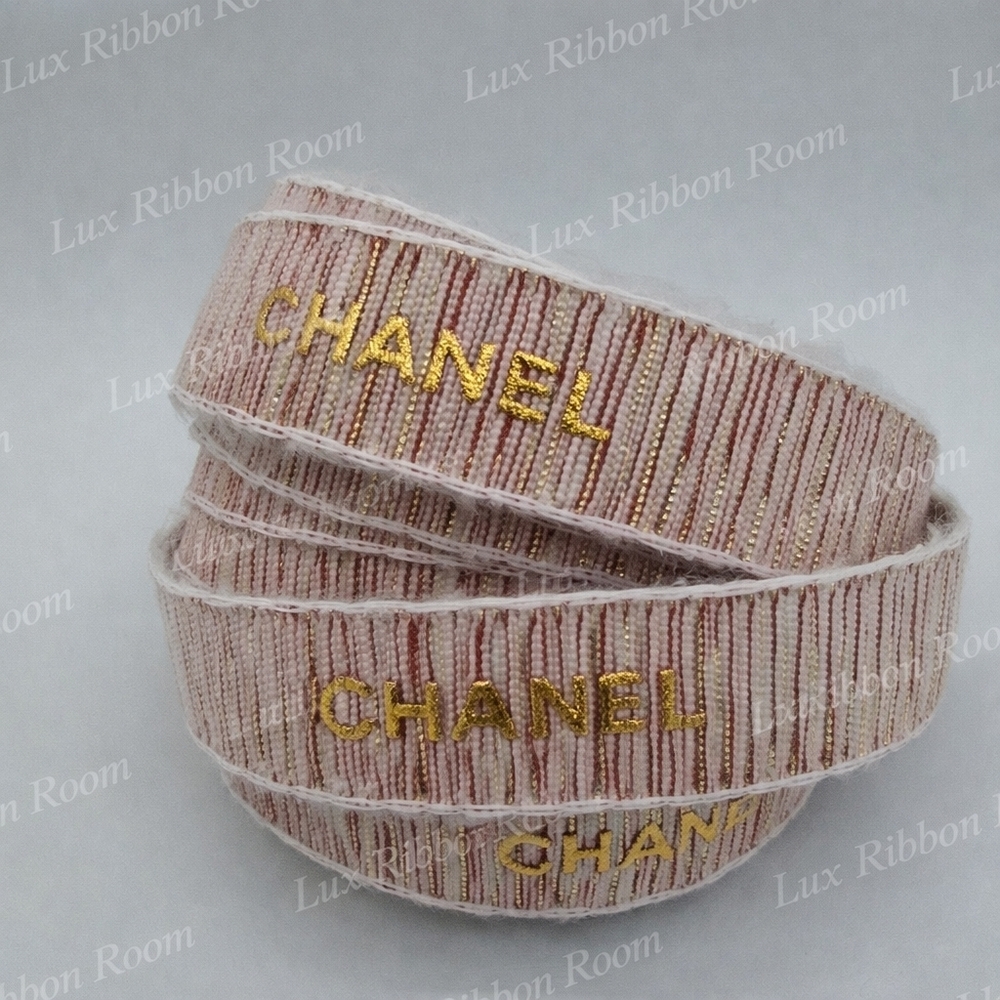 CHANEL Metallic Woven Ribbon Pink Ivory Gold Reversible Two (2) Yards